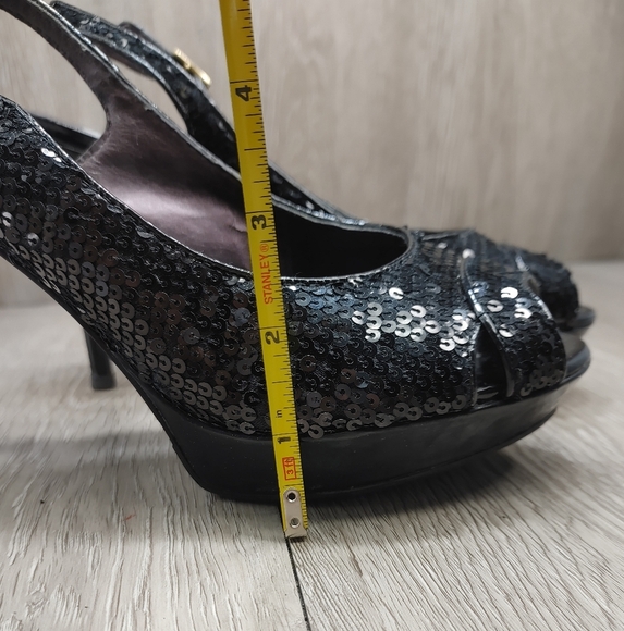 Steve Madden Heels Peep Toe Slingback Black Sequin Party Shoes‎ Creemms 4"  7.5 - Picture 11 of 11